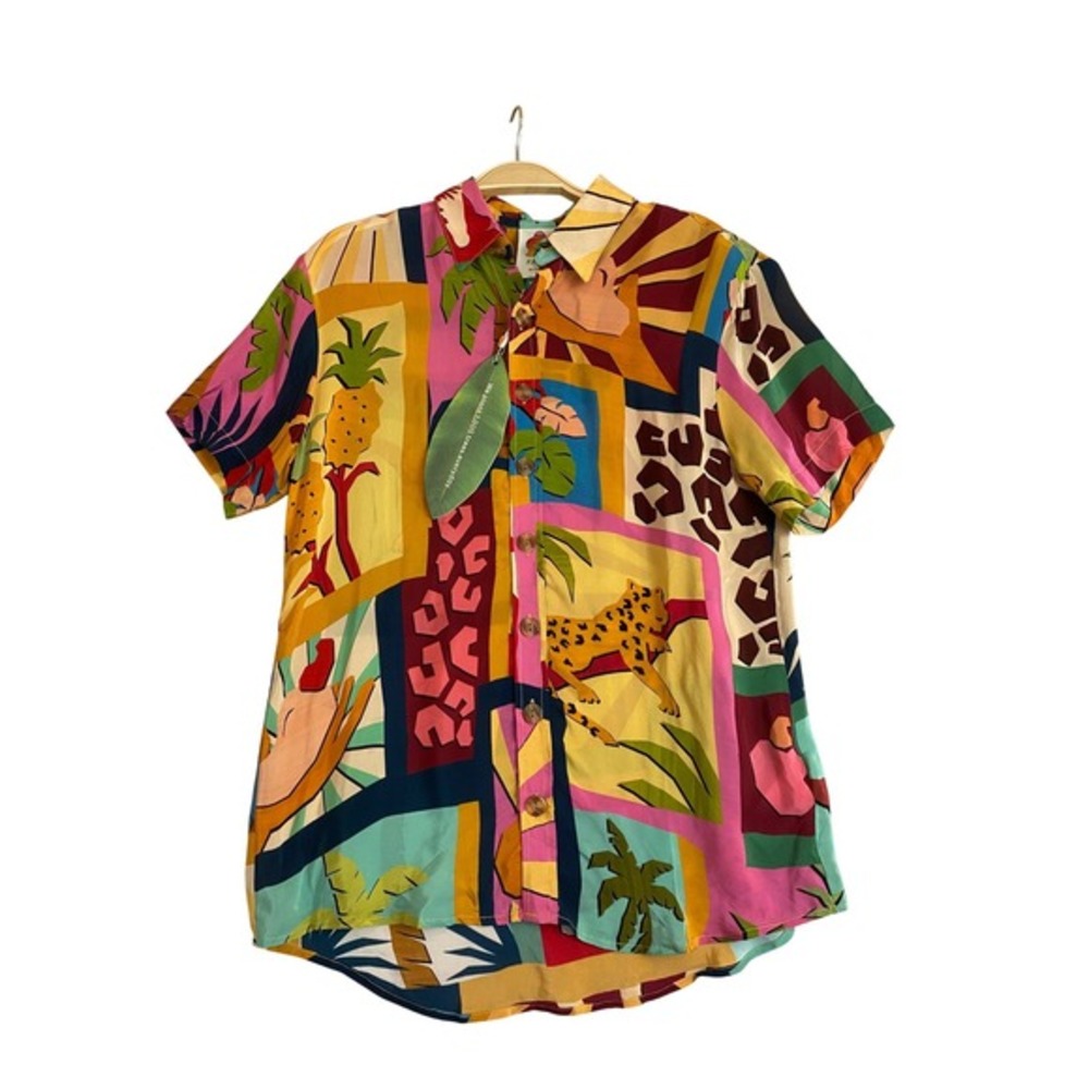 Farm Rio Tropical Collage Pajama Shirt Men XS Button Up Festival Resortwear NWT‎